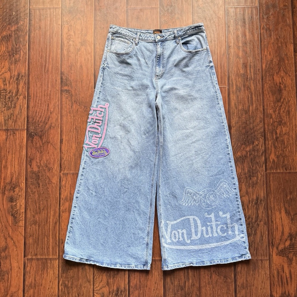 Von Dutch Super Wide Leg Jeans Y2K Baggy Women’s 31 -Fits 36” Waist Embroidered - Picture 2 of 16